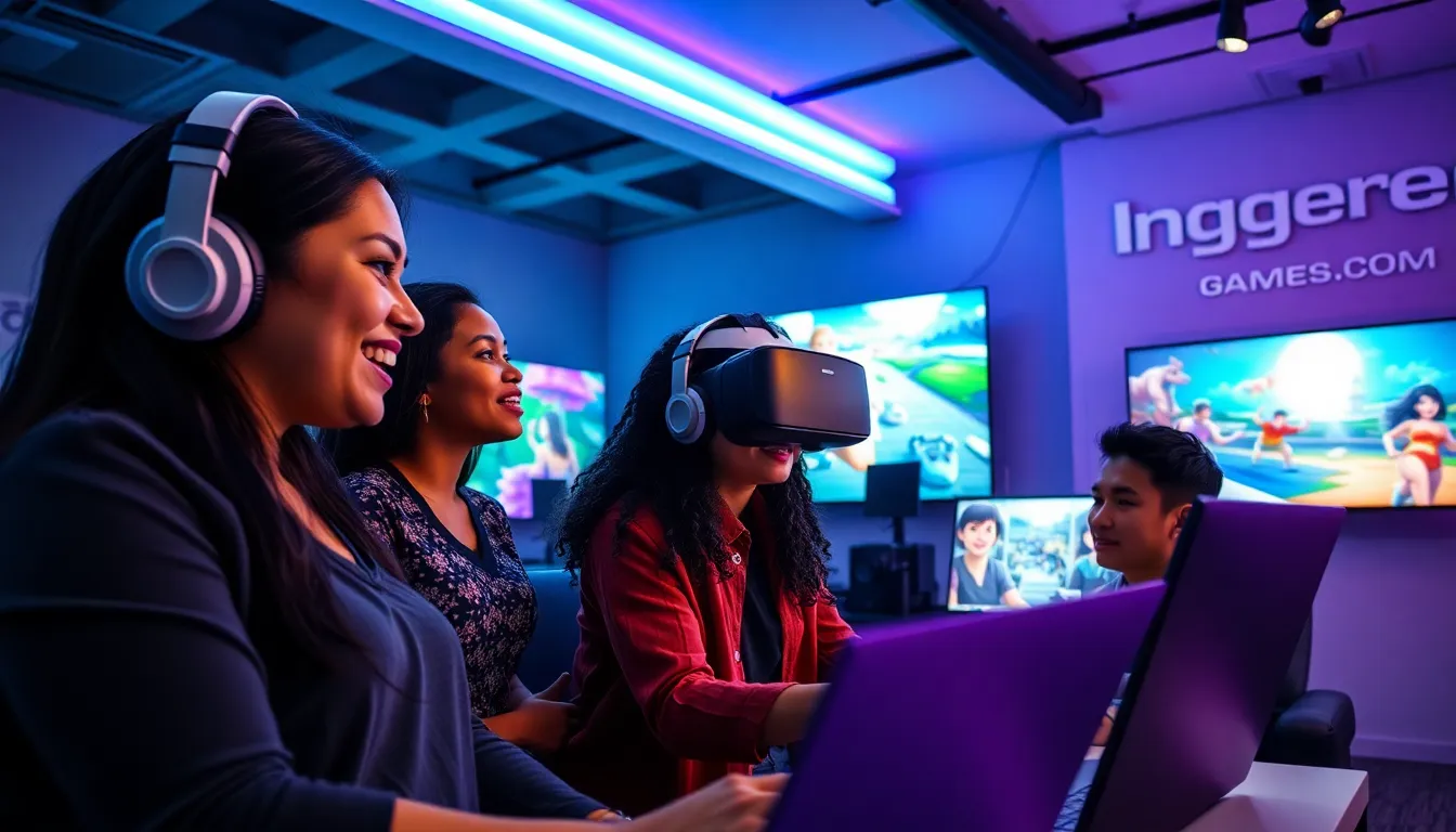 A diverse group of gamers collaborating in a vibrant studio setting.