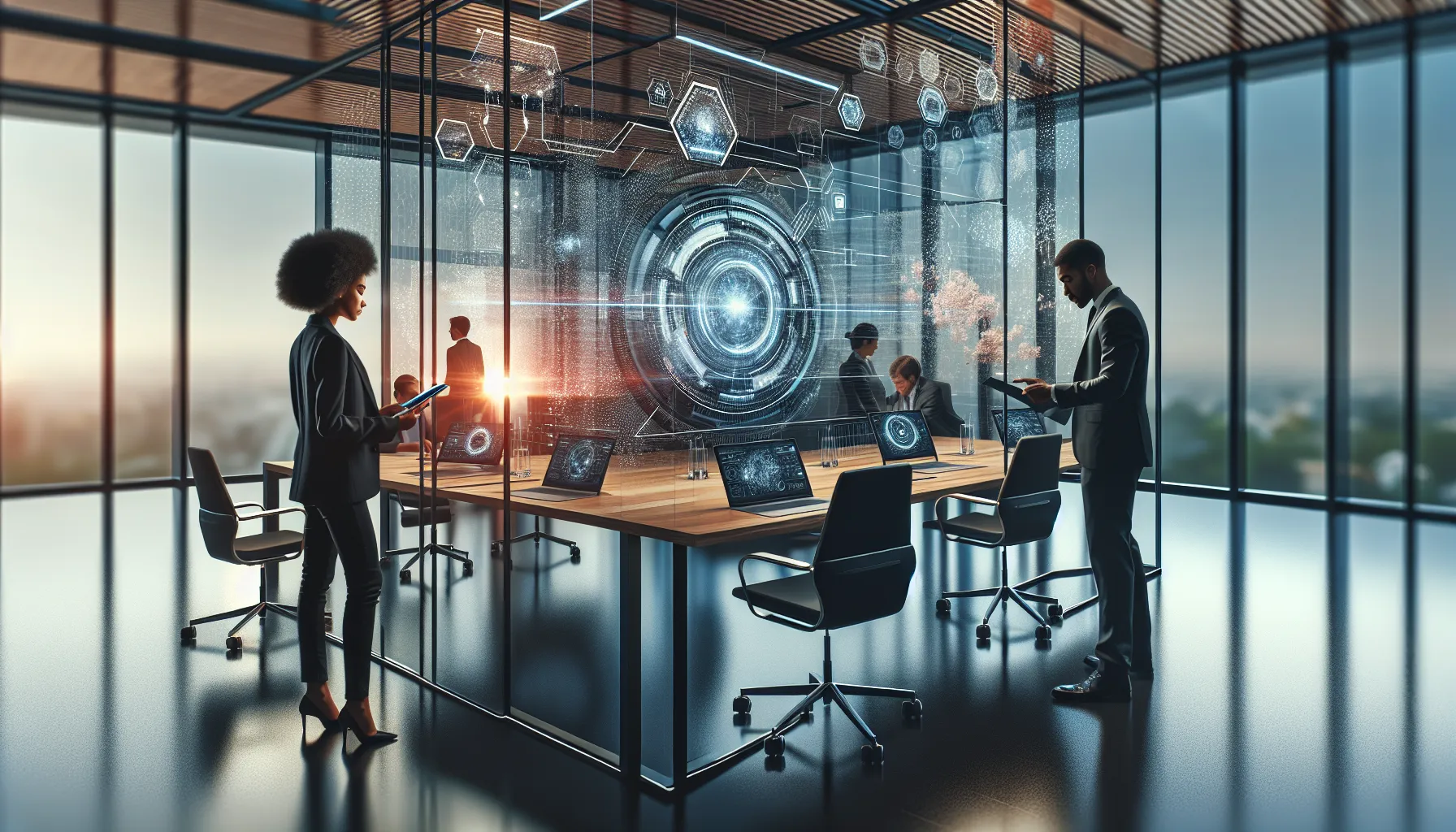 diverse professionals collaborating in a modern workspace with high-tech devices.