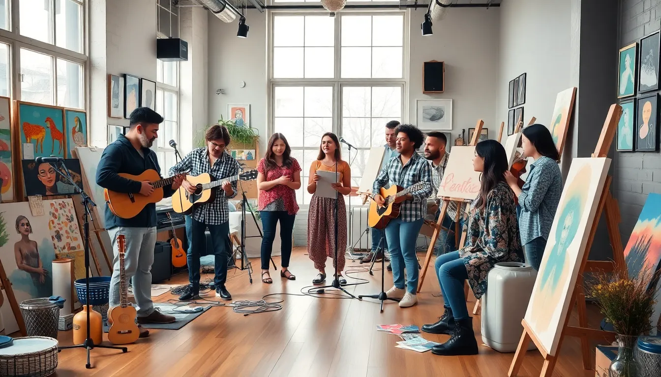 diverse artists collaborating in a modern studio space.