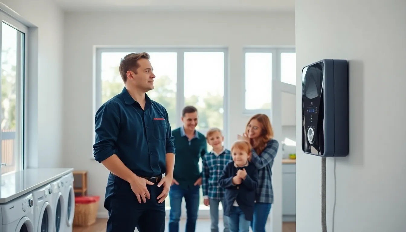 Plumber repairing a modern hot water system in an Australian home.