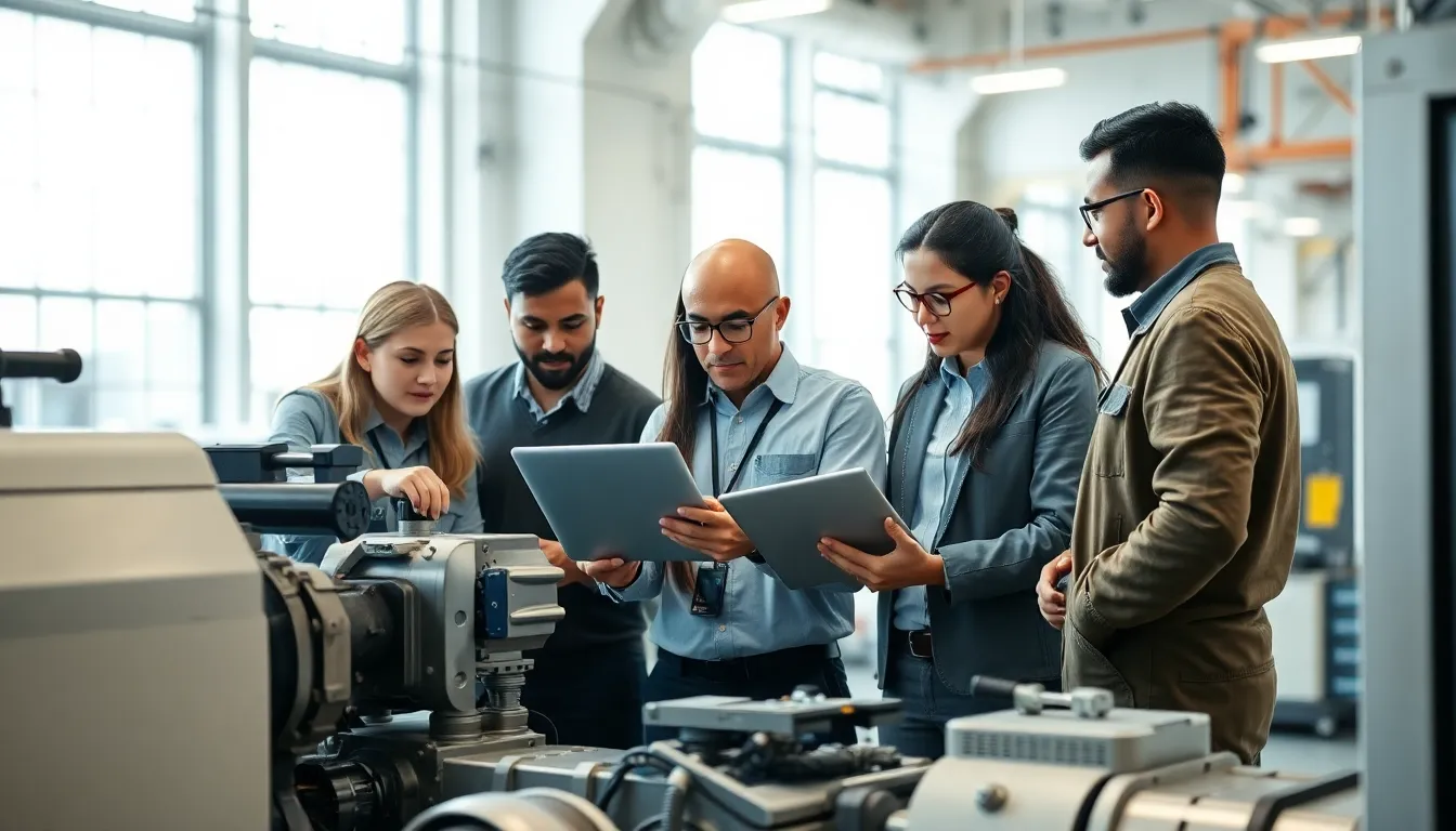 team assessing equipment in a modern factory for preventive maintenance.
