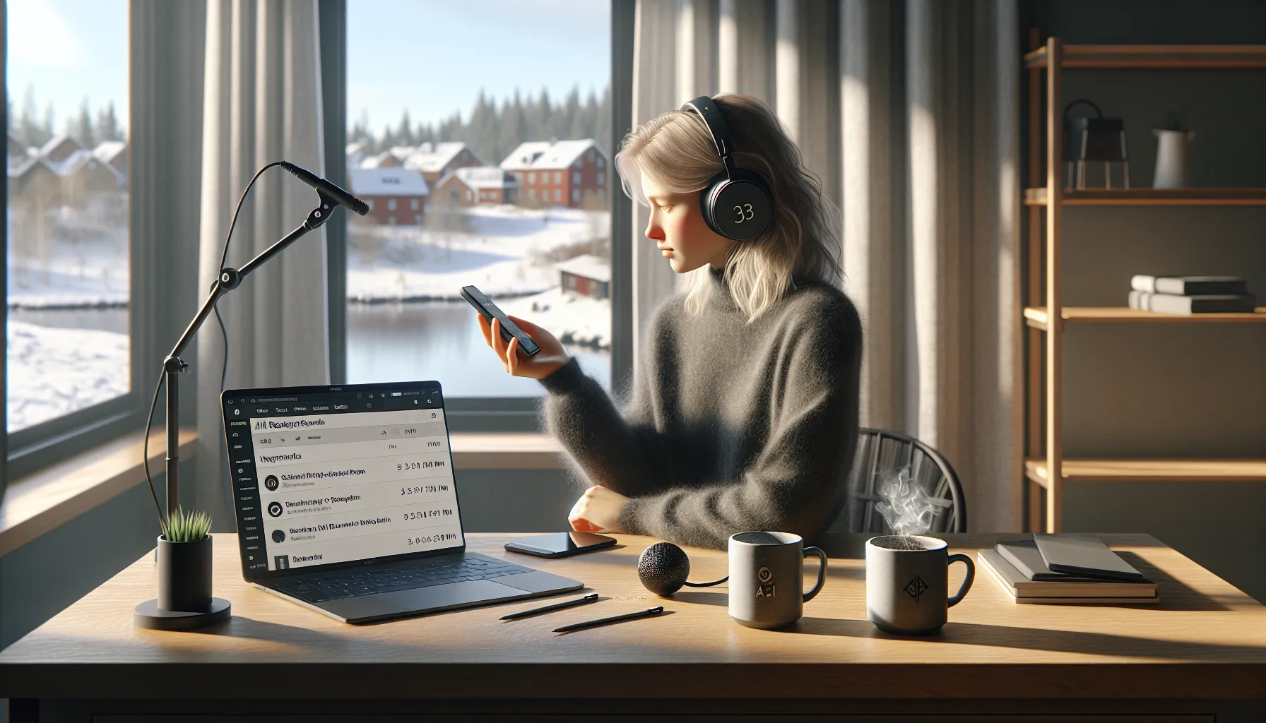 Woman with headphones browsing niche tech podcasts, espresso and long coffee beside.