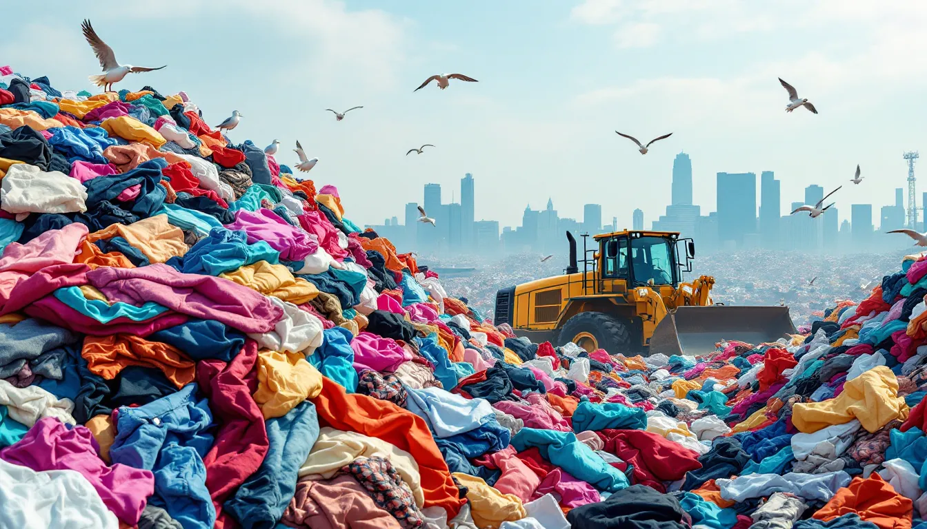 Massive pile of discarded fast fashion clothing overflowing in a landfill.