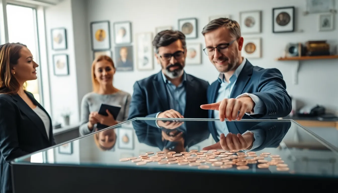 coin collector examining valuable modern pennies in a bright office.