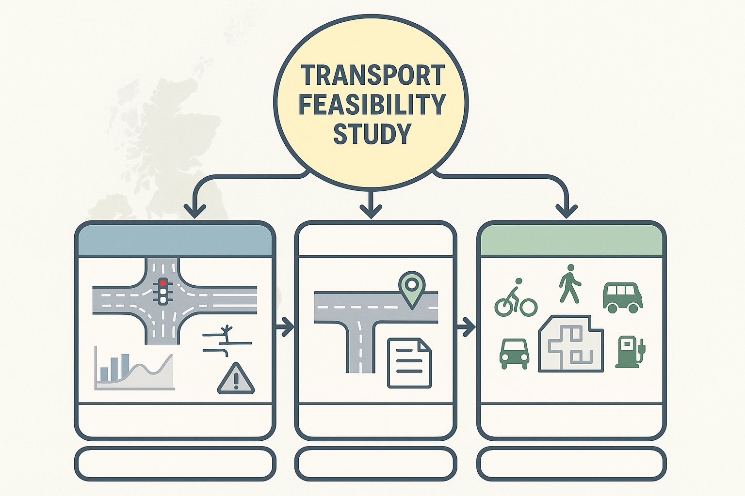 Infographic comparing transport feasibility study, transport assessment, statement, and travel plan.