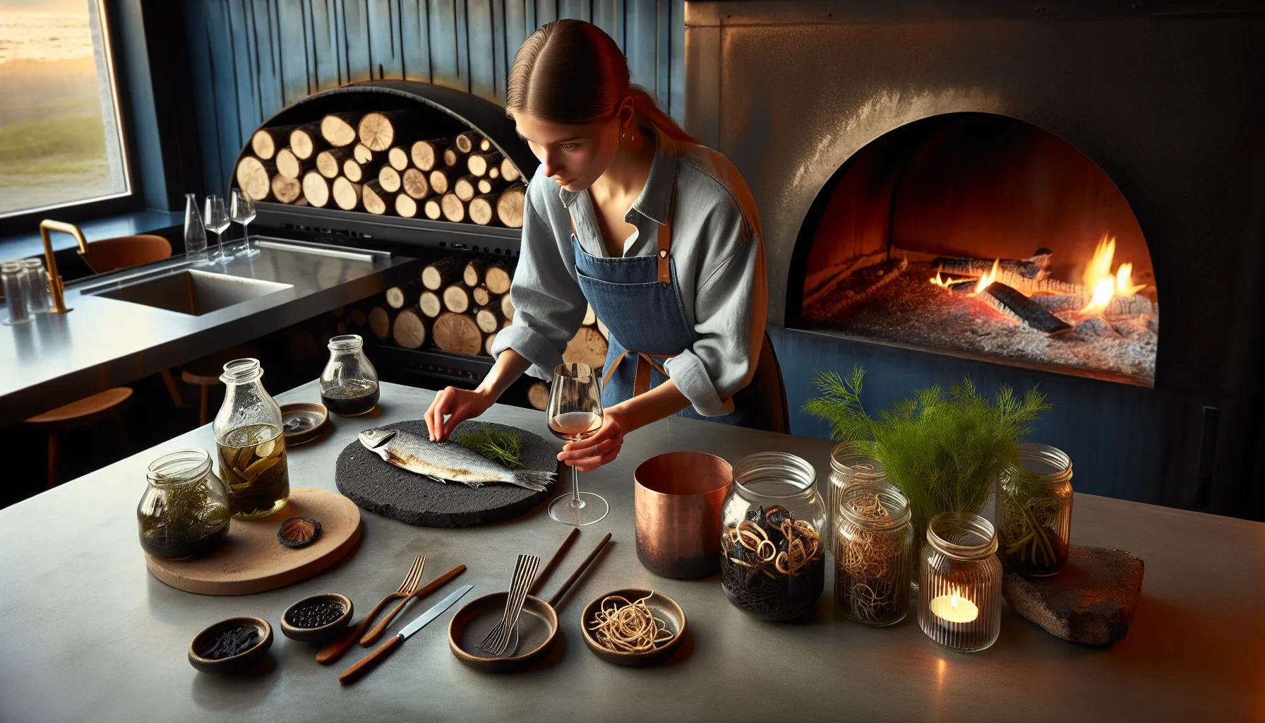 Norwegian chef plates local seafood by open fire in an oslo bistro.
