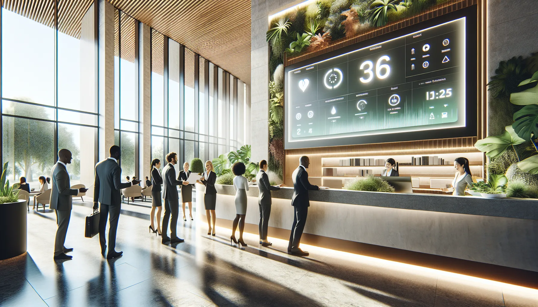modern hotel lobby showcasing sustainability and technology features.
