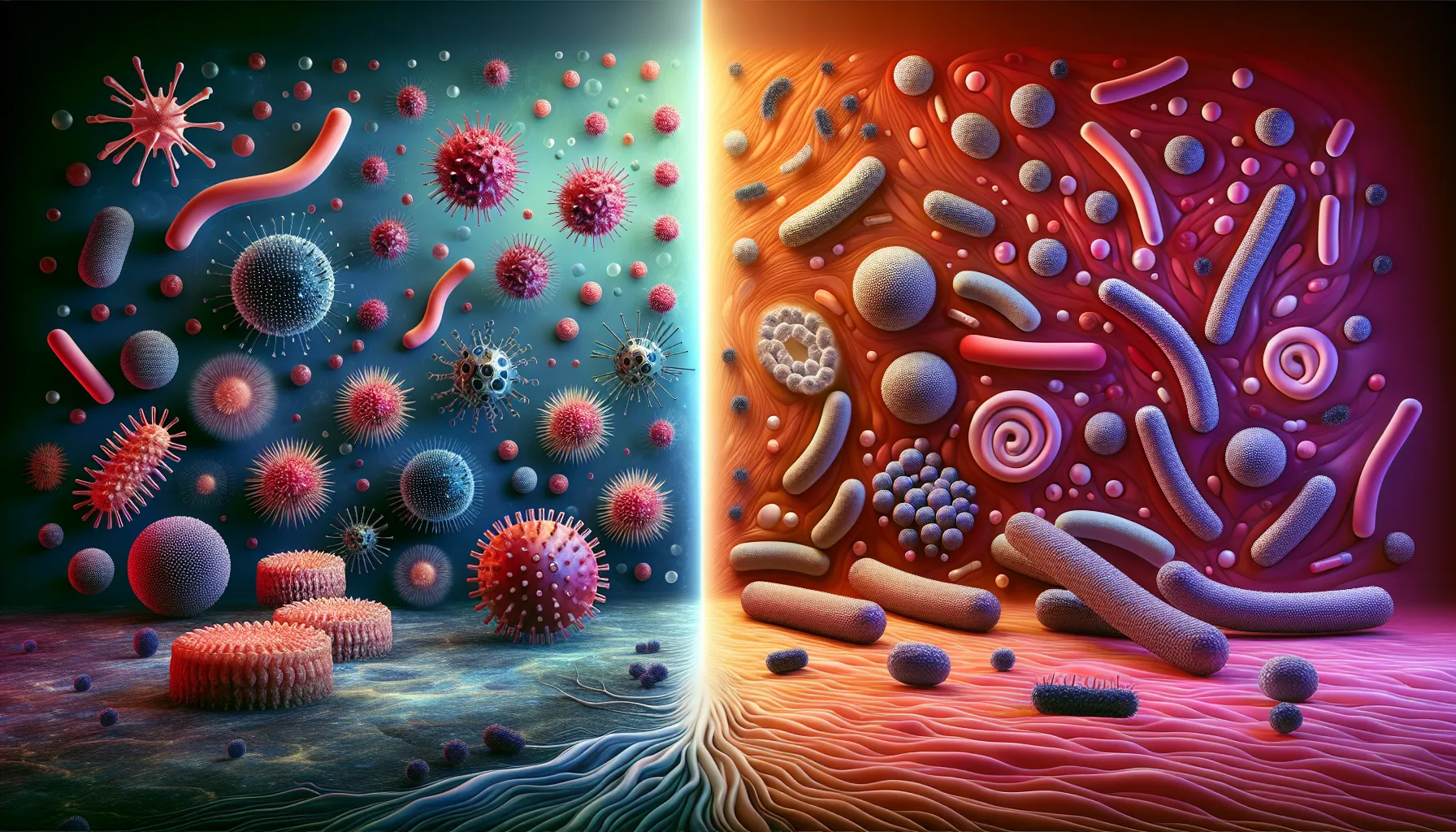 An artistic depiction of viruses and bacteria showing their distinct structures.