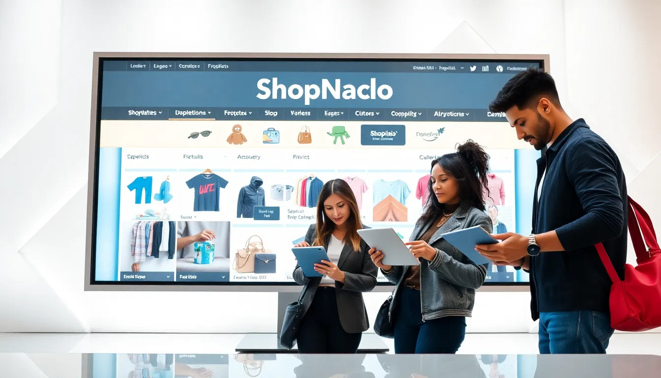 diverse professionals in a modern digital storefront for ShopNaclo.