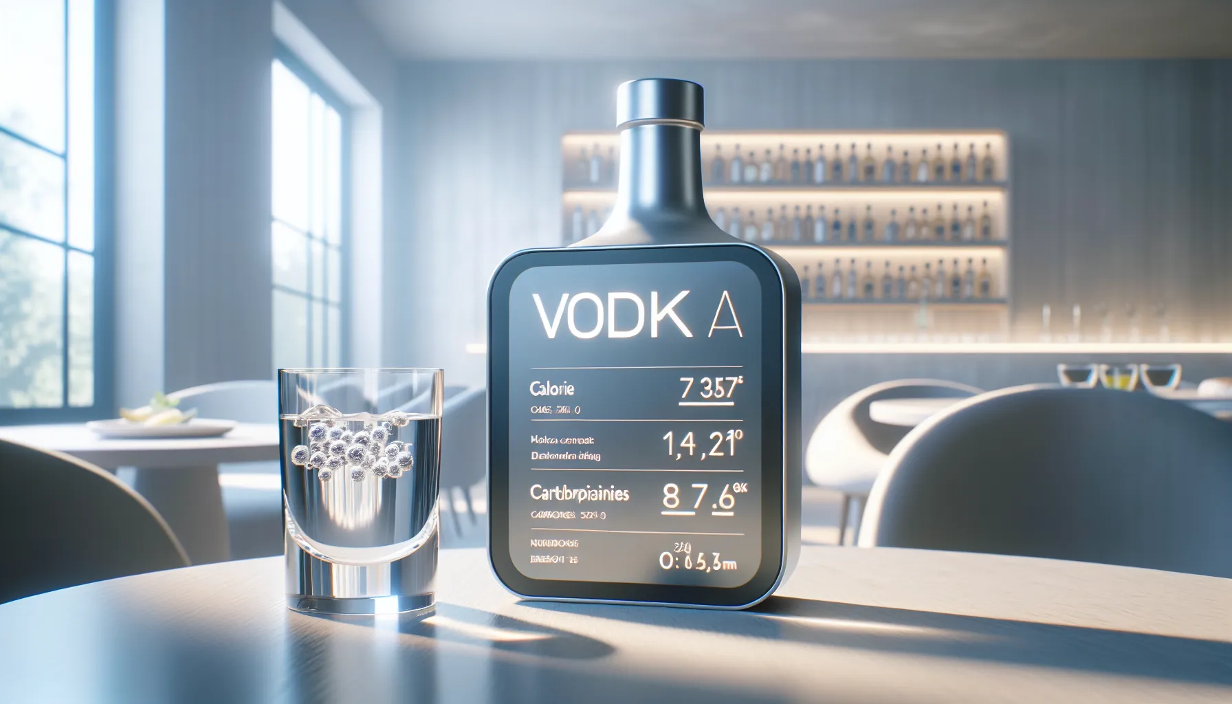 Vodka shot, nutrition facts table, modern bar background.
