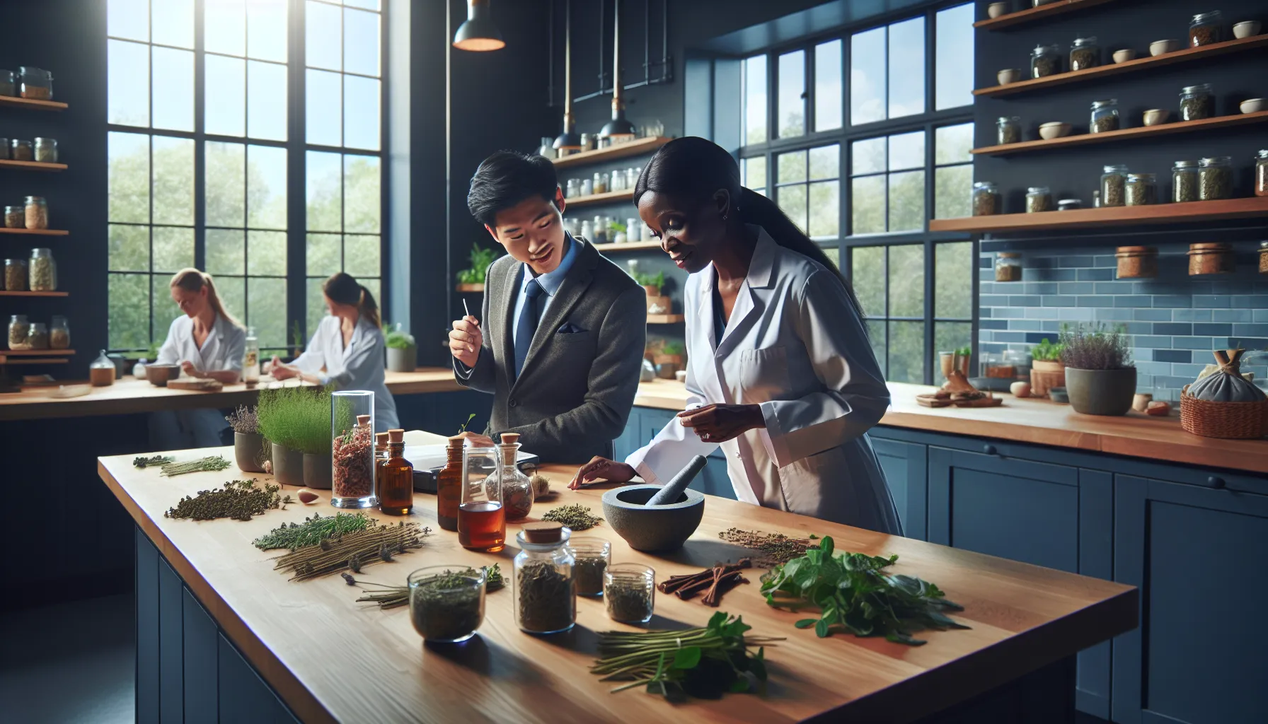 diverse professionals engaged in a herbalssh workshop in a bright kitchen.