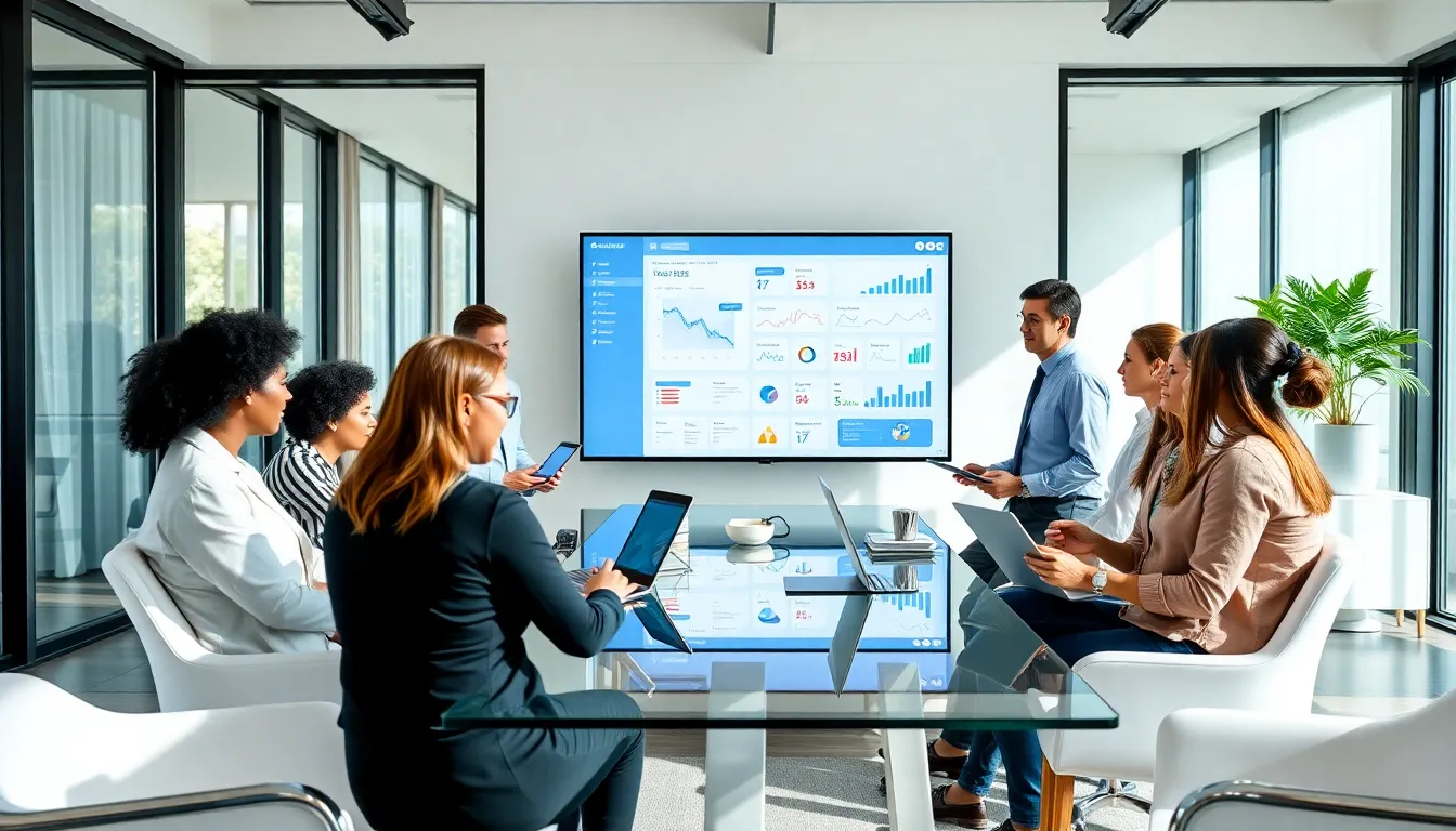 diverse professionals collaborating in a modern office on software apps.