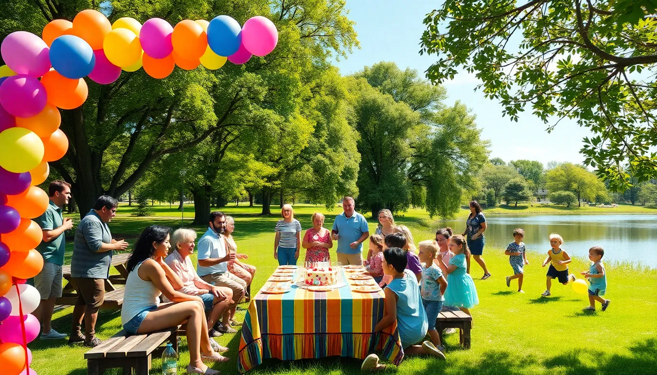 Diverse group celebrating an outdoor birthday party in a sunny park.