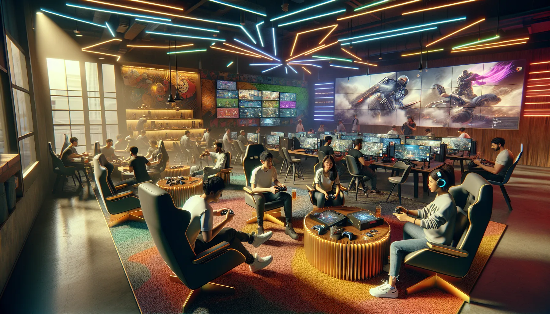 diverse gamers interacting in a vibrant gaming lounge.