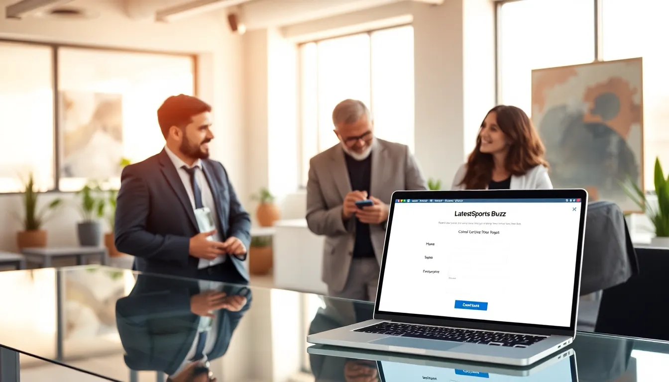 diverse professionals discussing a contact form in a modern office.
