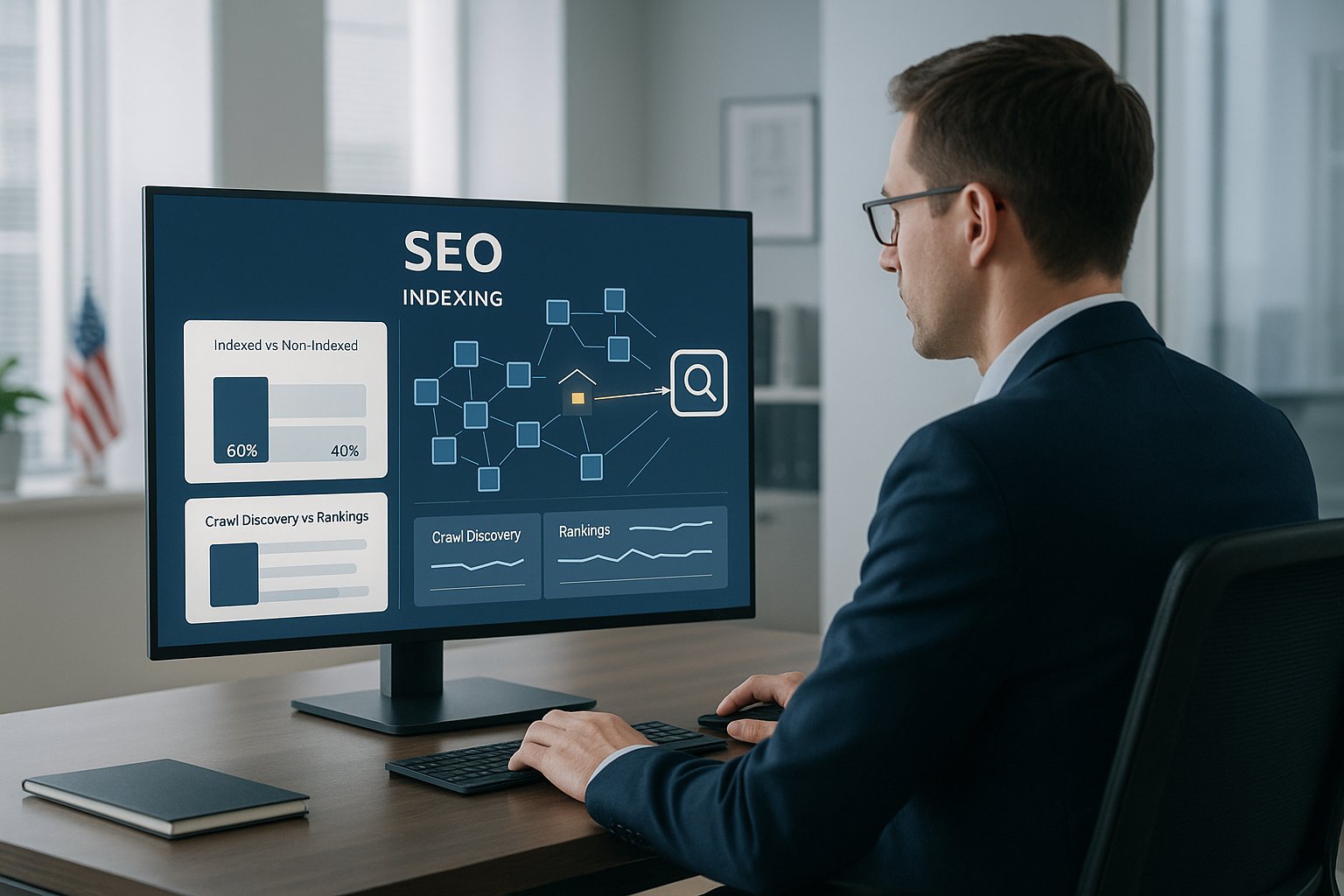 SEO professional reviewing backlink discovery and indexing dashboard in a modern office.