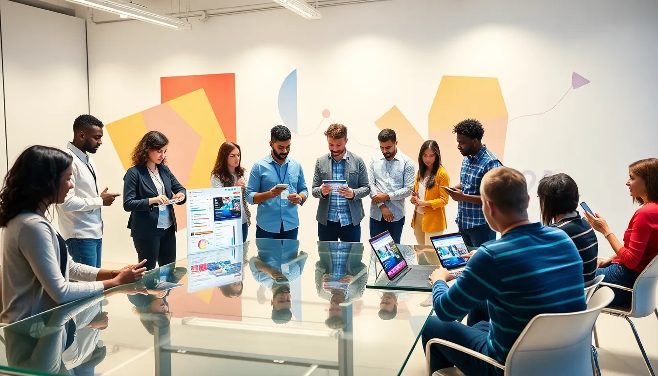 diverse creators collaborating in a modern workspace.