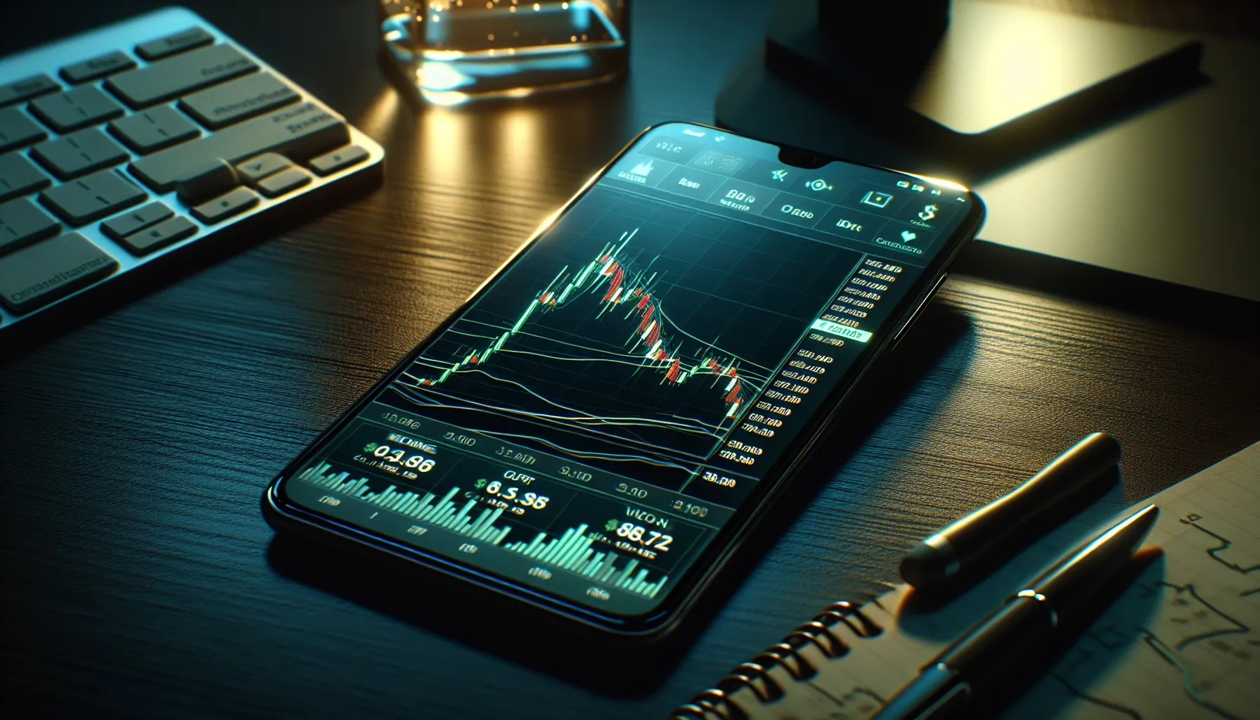 Smartphone displaying Floki Inu cryptocurrency trading chart with market data on desk.