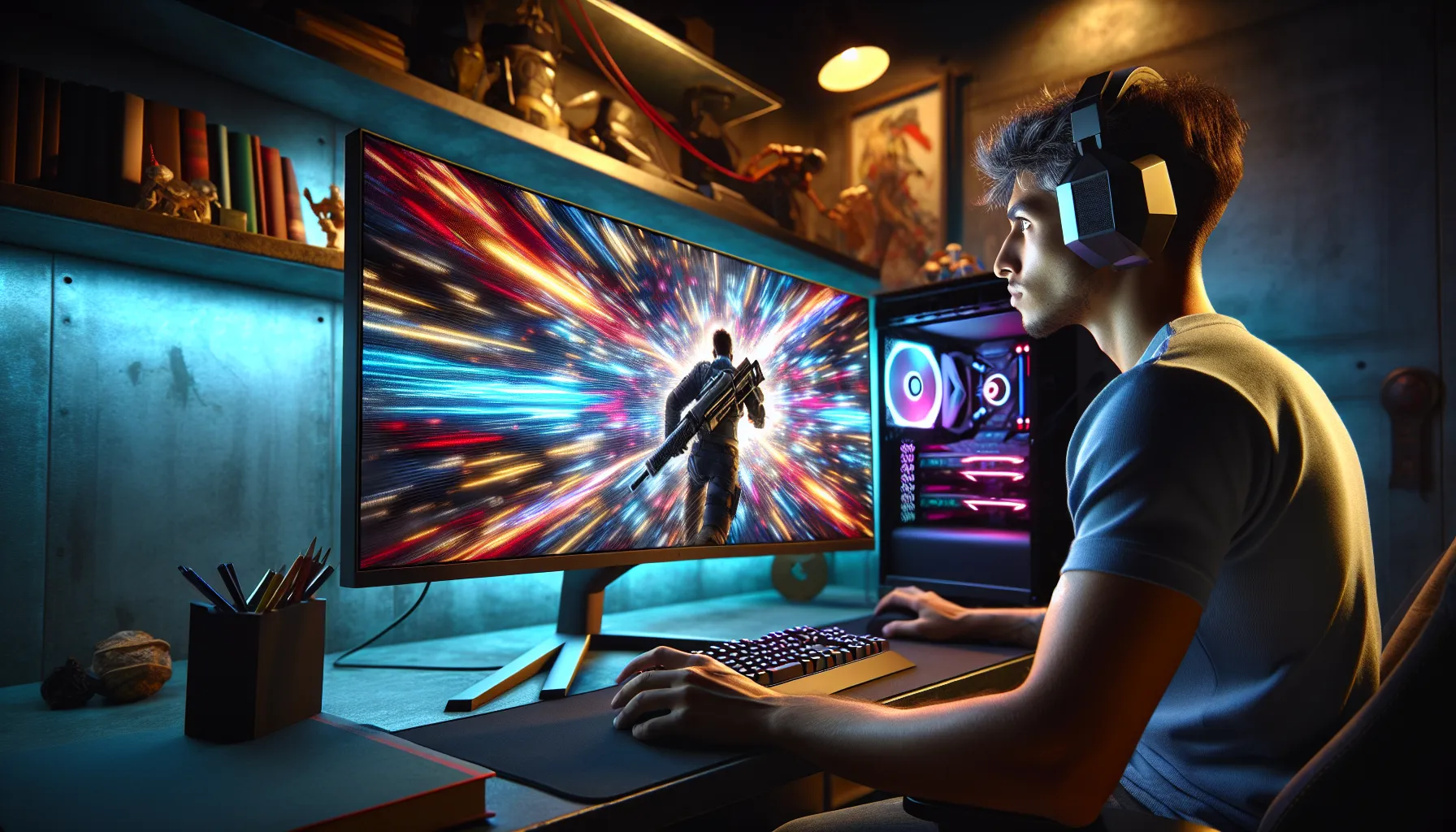 a gamer focused on a 240 Hz monitor in a dimly lit room.