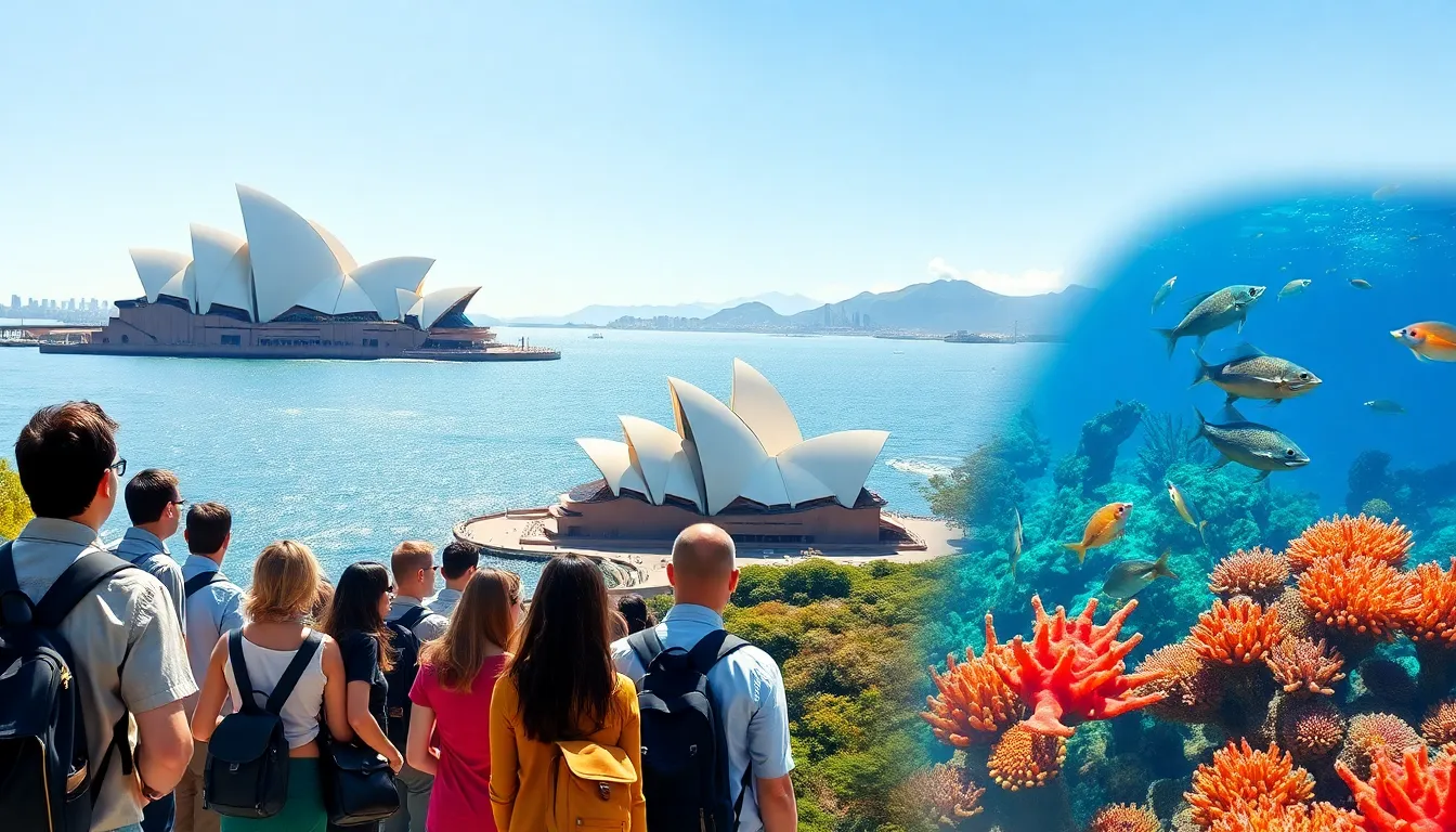 collage of top Australian travel destinations featuring Sydney and the Great Barrier Reef.