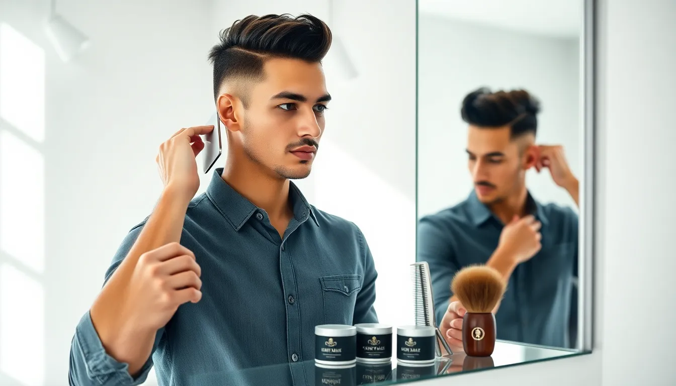 man using pomade in a modern bathroom setting.