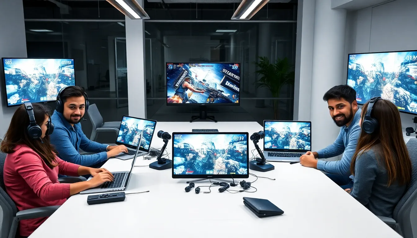 diverse group learning multiplayer gaming strategies in a modern office.