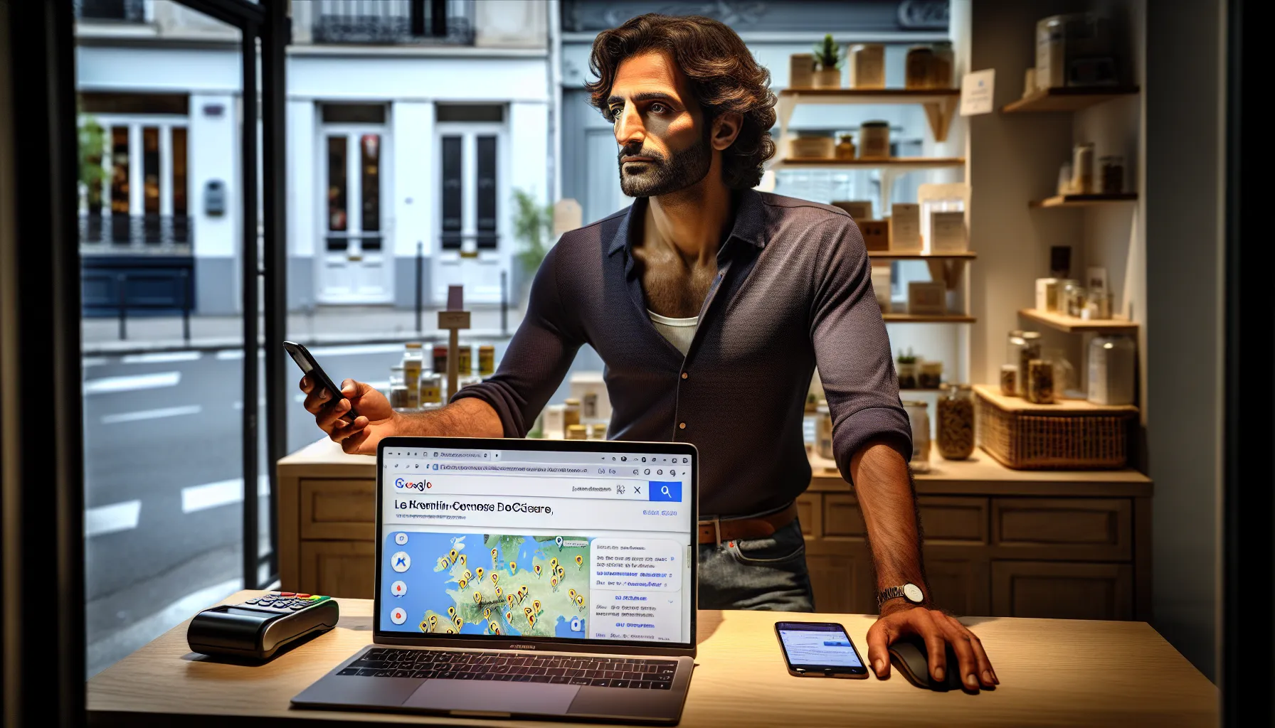 Local shop owner in Le Kremlin-Bicêtre checking his business visibility on Google Maps.