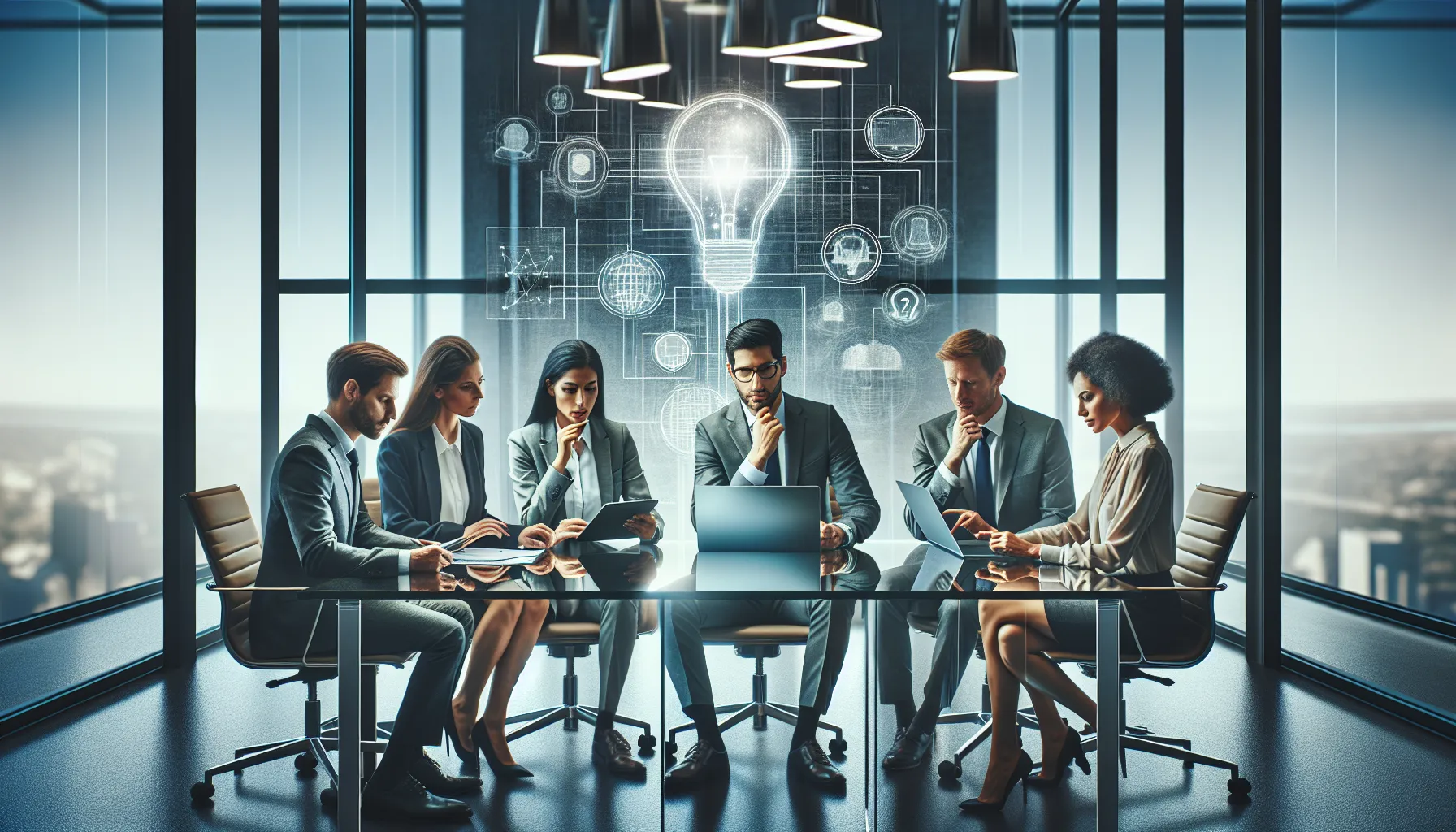 diverse professionals brainstorming in a modern office setting.