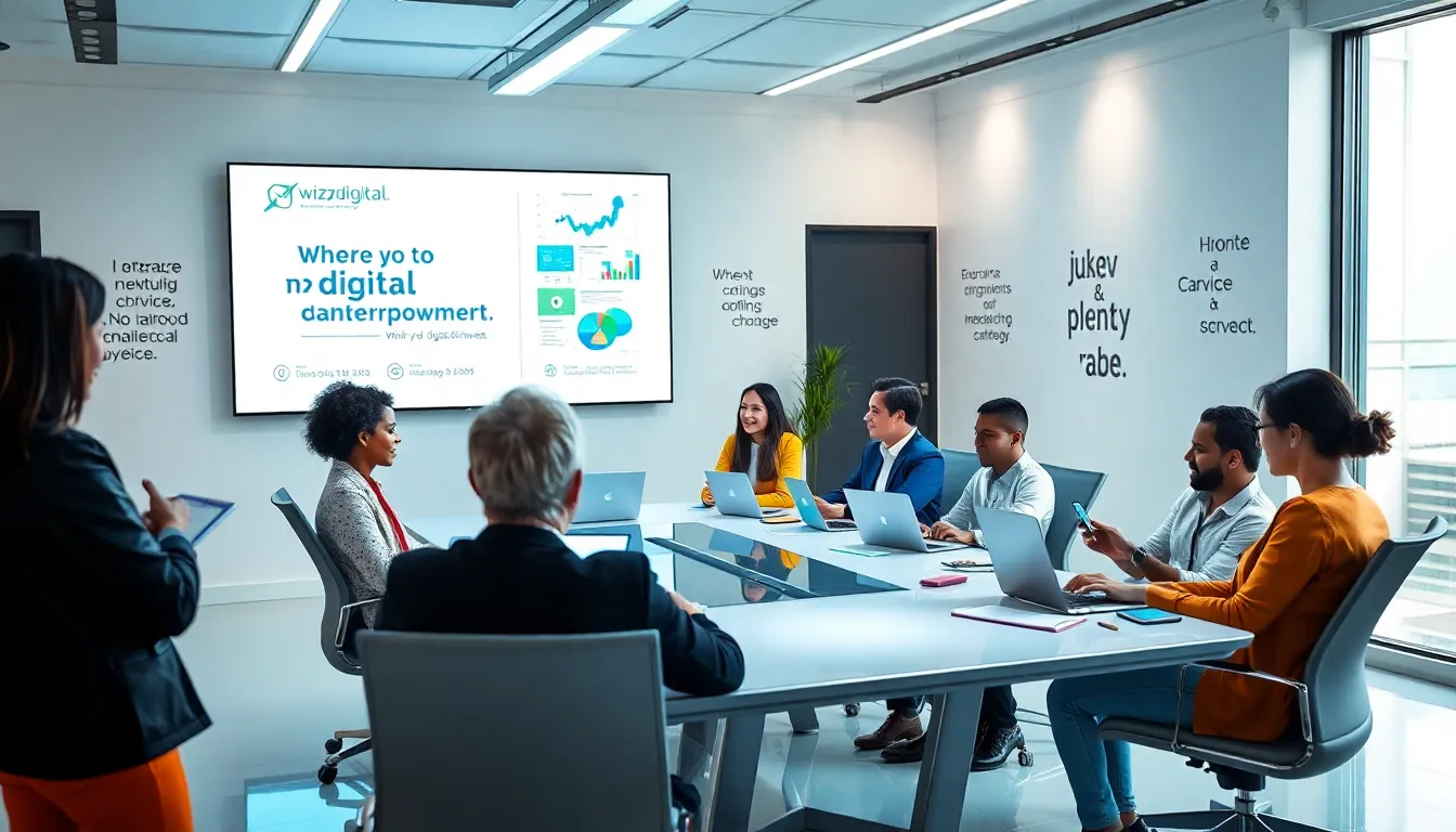 diverse team collaborating in a modern office on digital strategies.