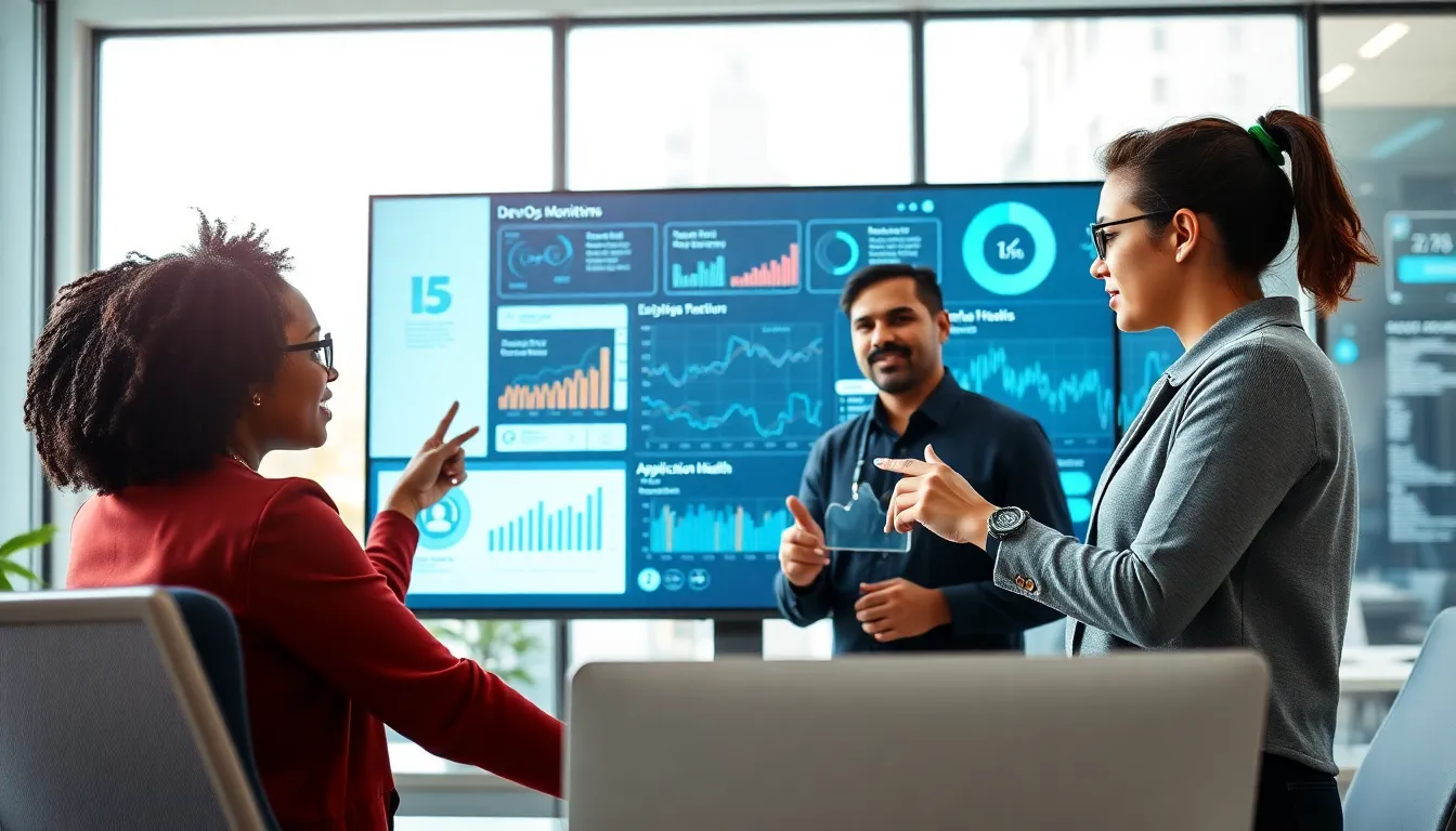 diverse team discussing DevOps monitoring data in a modern office.