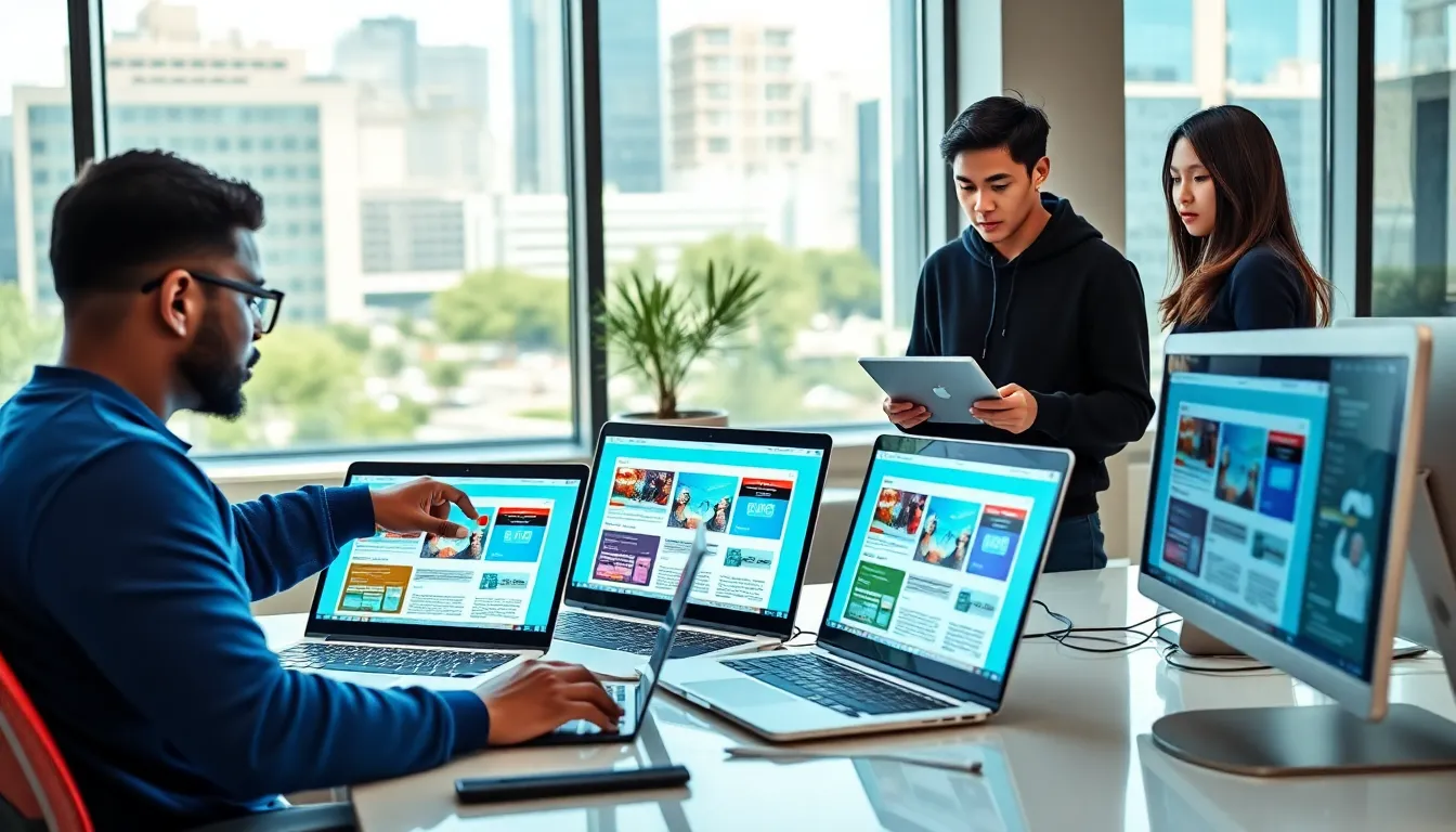 three web developers collaborating in a modern office with PWA designs.