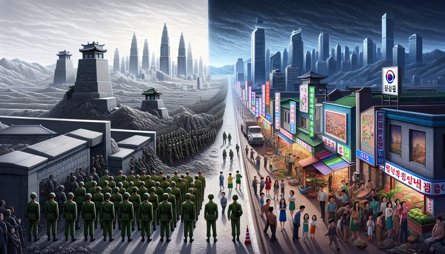 a divided landscape showing North Korea's isolation and South Korea's vibrancy.