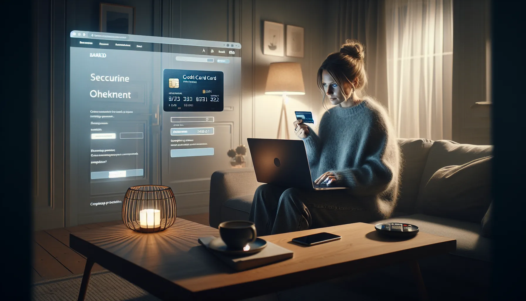 Norwegian woman shopping online with a credit card, secure authentication on laptop screen.