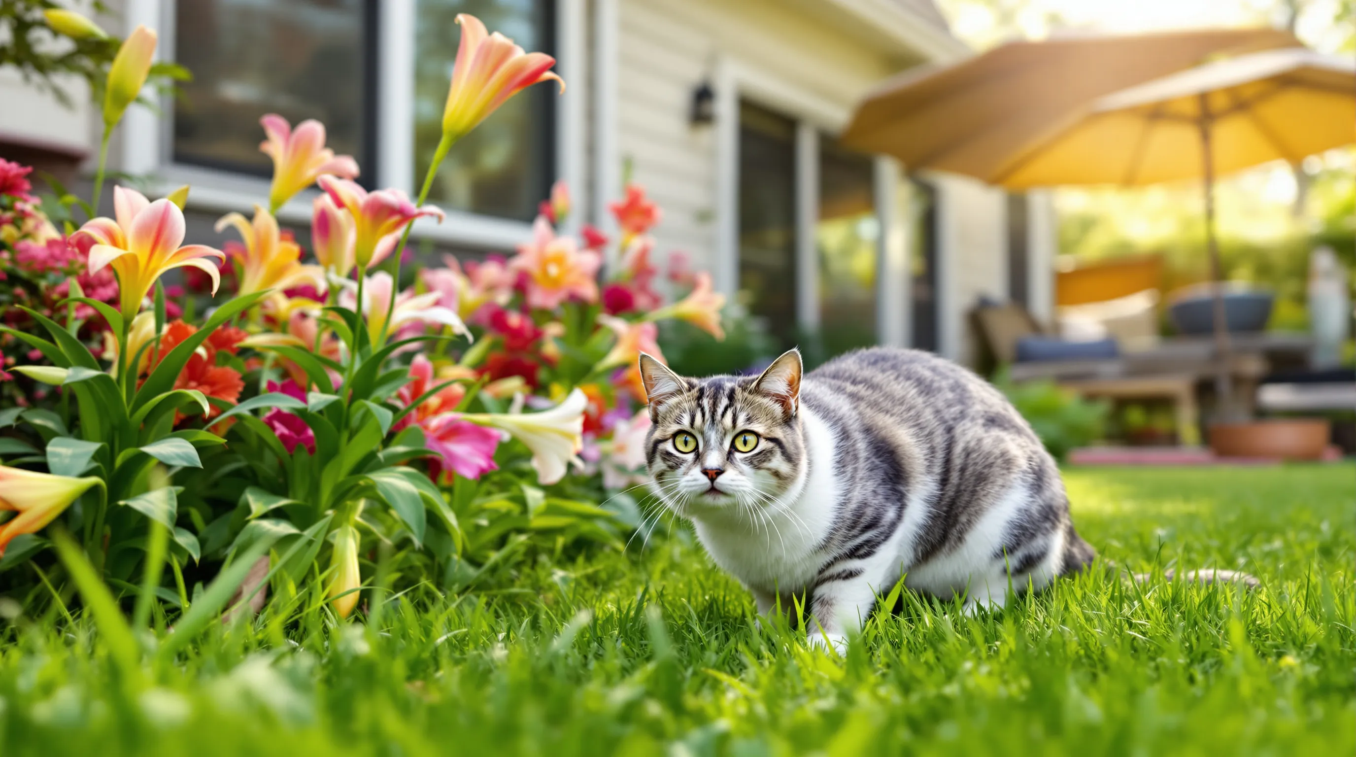 a cat exploring a garden with lilies and flowers in spring.