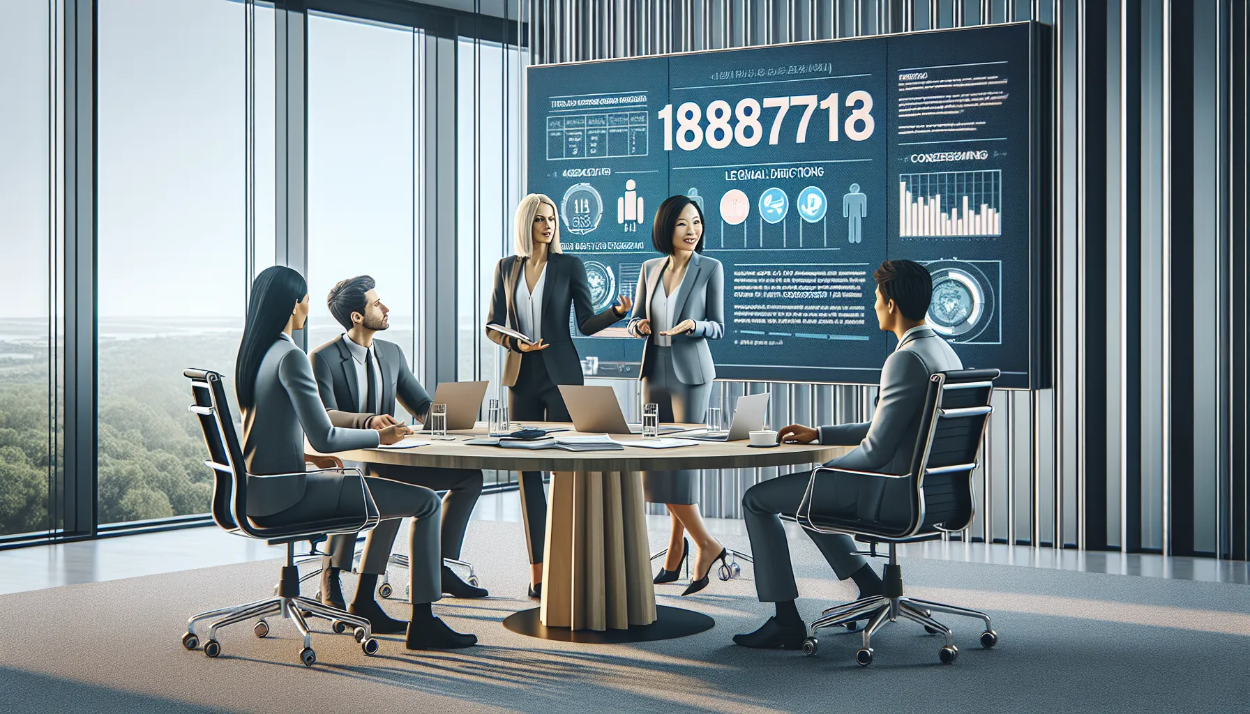 professionals discussing legal aspects of toll-free numbers in a modern office.