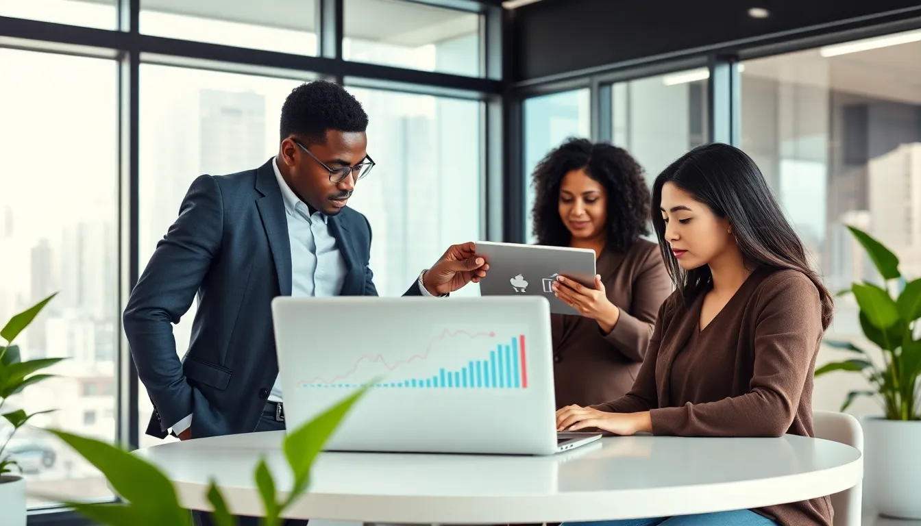 diverse team collaborating in a modern workspace on online business strategies.