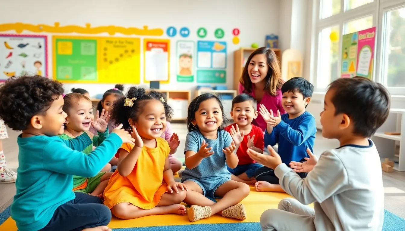 diverse preschoolers enjoying action songs with a teacher in a bright classroom.