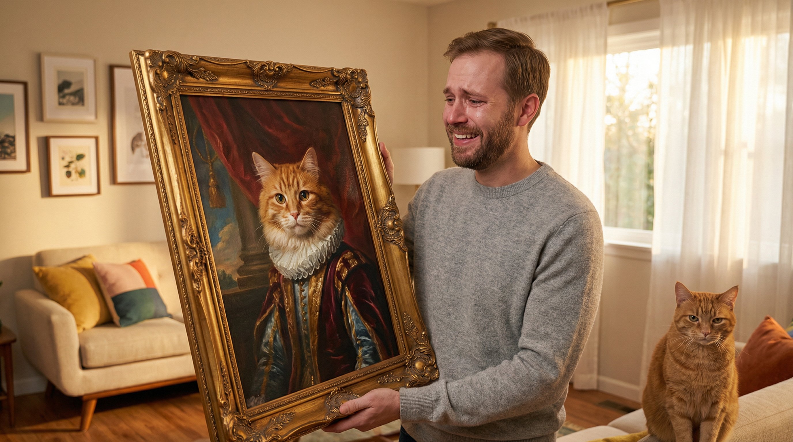 Man smiling while holding a framed custom cat portrait in his living room.