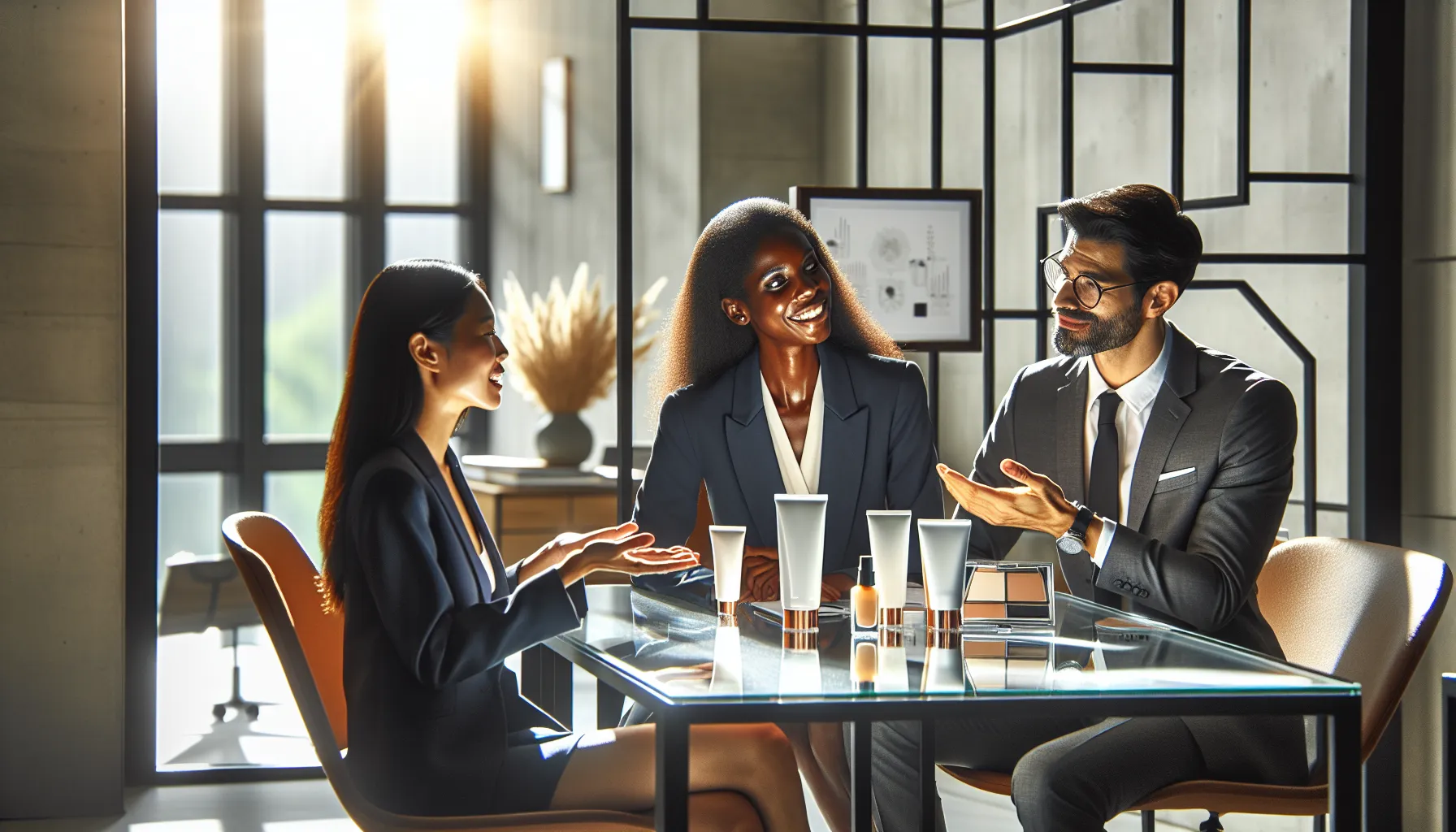 diverse team discussing Korean beauty tips with skincare products in an office.