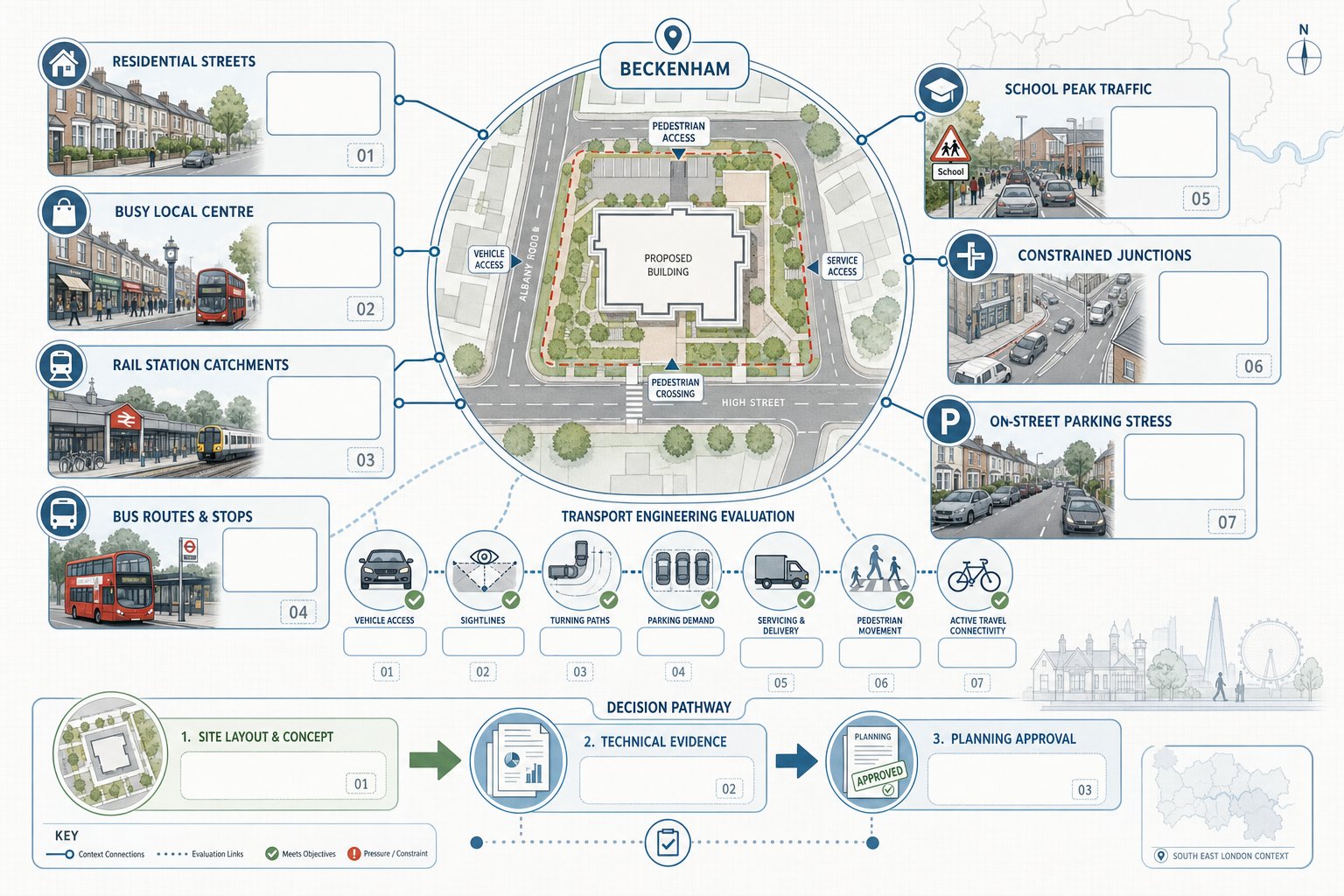 Infographic of transport engineering factors shaping development in Beckenham.