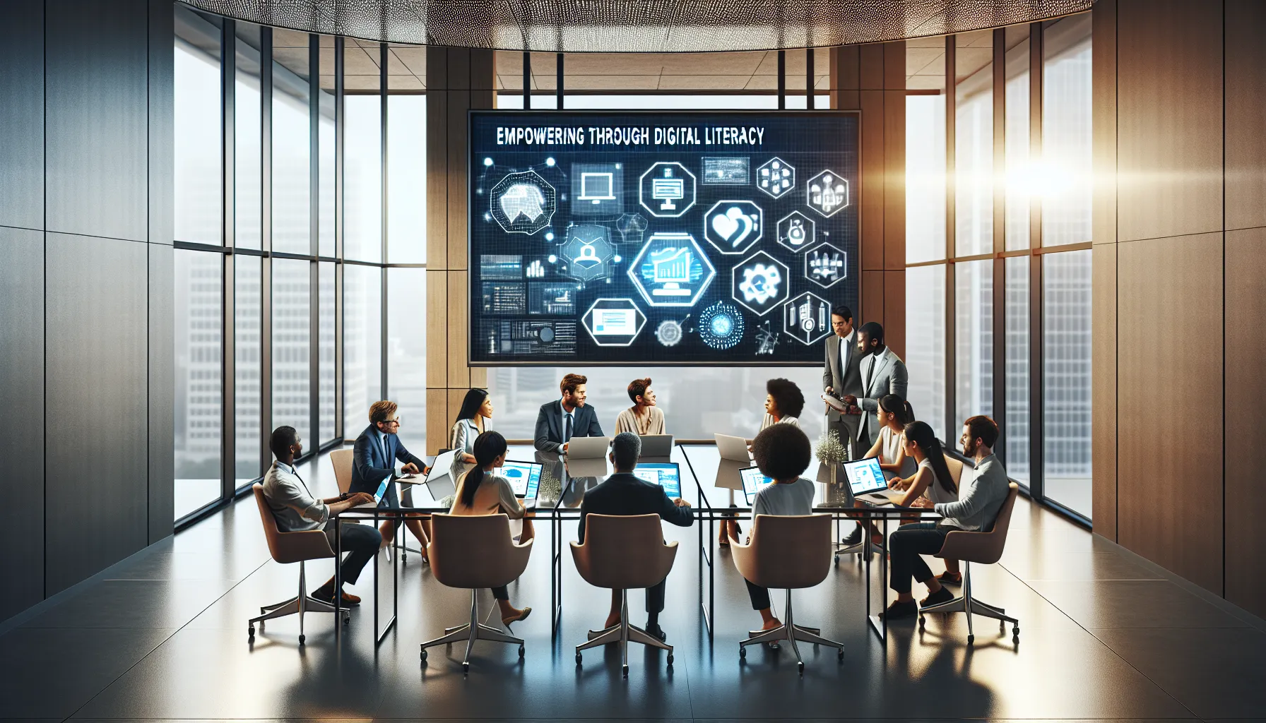 diverse professionals collaborating in a modern workspace.