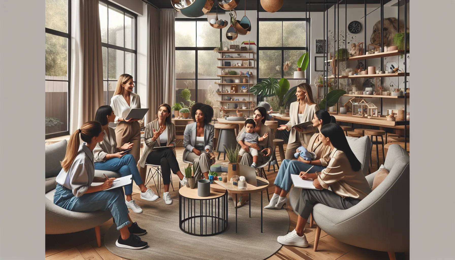 diverse group of mothers discussing parenting trends in a modern living room.