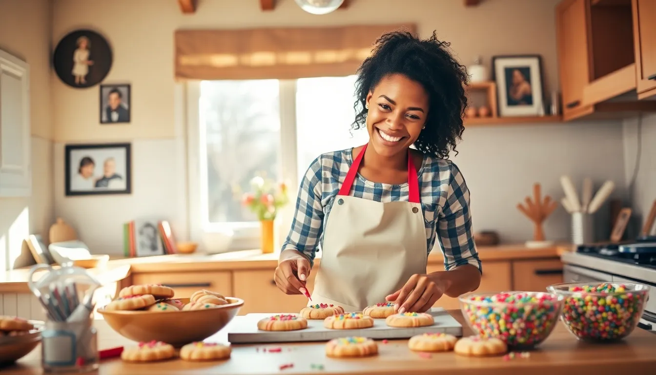a baker decorating cookies in a cozy kitchen atmosphere.