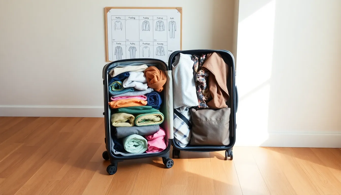 An organized suitcase with packing cubes and planned outfits.