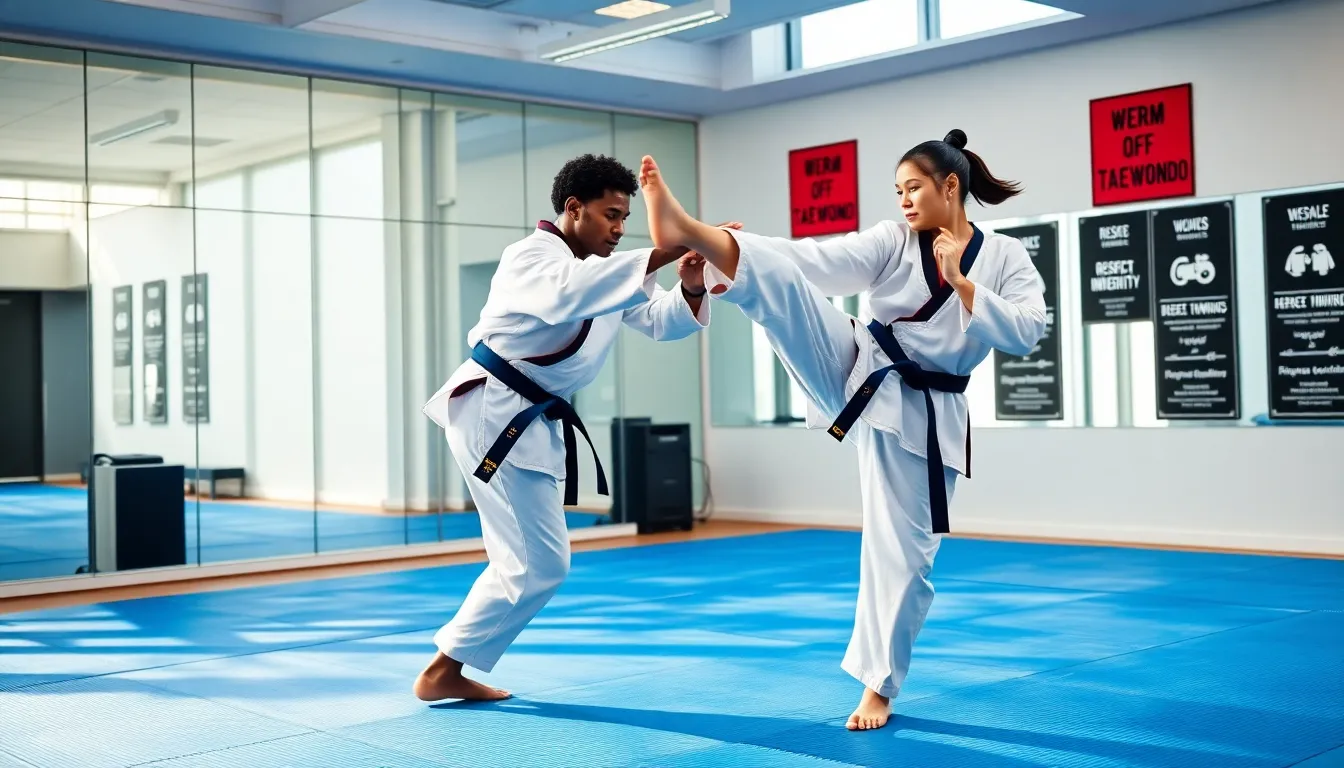 two taekwondo athletes sparring in a modern training facility.