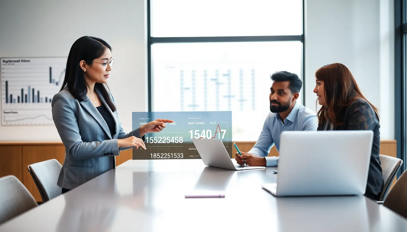 diverse team discussing telecommunications numbers in a modern office.