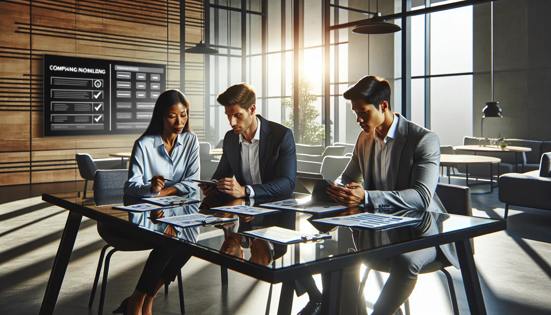 diverse professionals discussing legal compliance in a modern office.