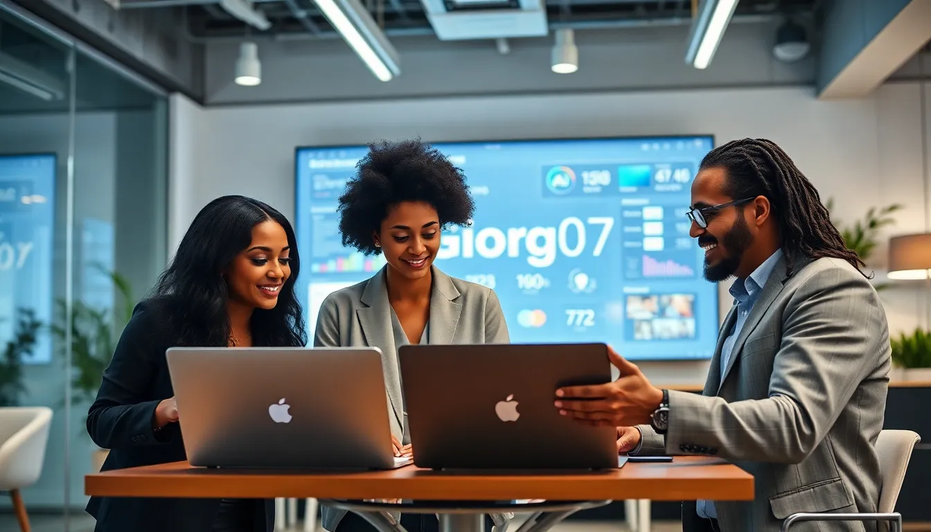 diverse team collaborating over Giorg107 technology in a modern office.