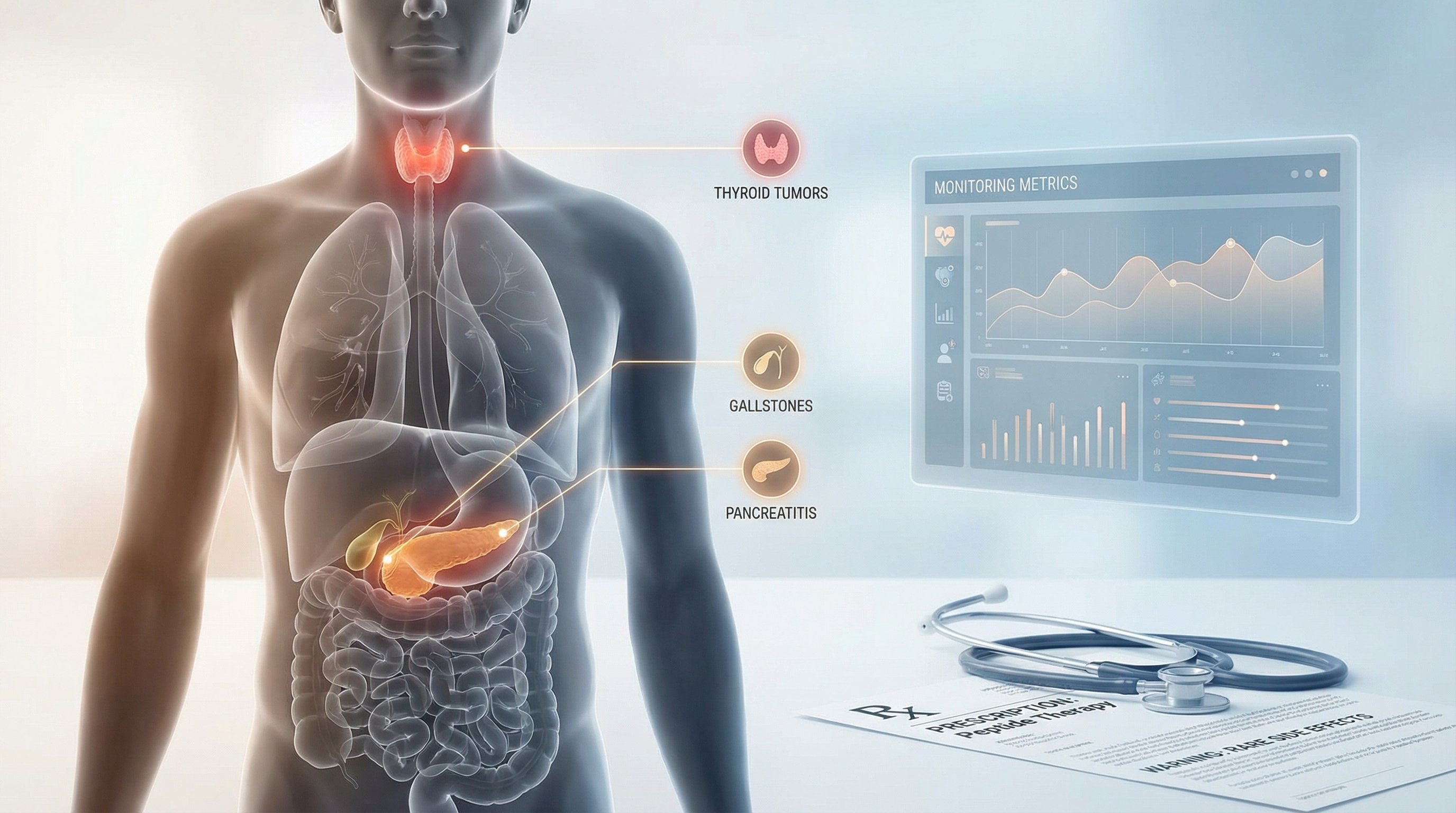 Medical illustration highlighting organs affected by serious peptide side effects.