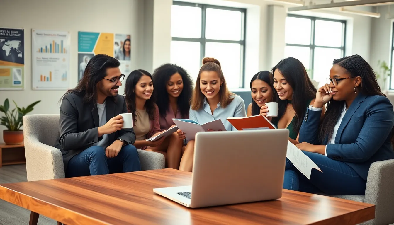 diverse professionals studying in an online learning environment.